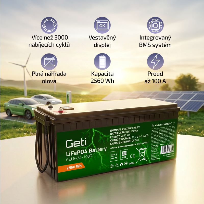 Baterie LiFePO4 25,6V 100Ah GETI GBLE-24-100D displej