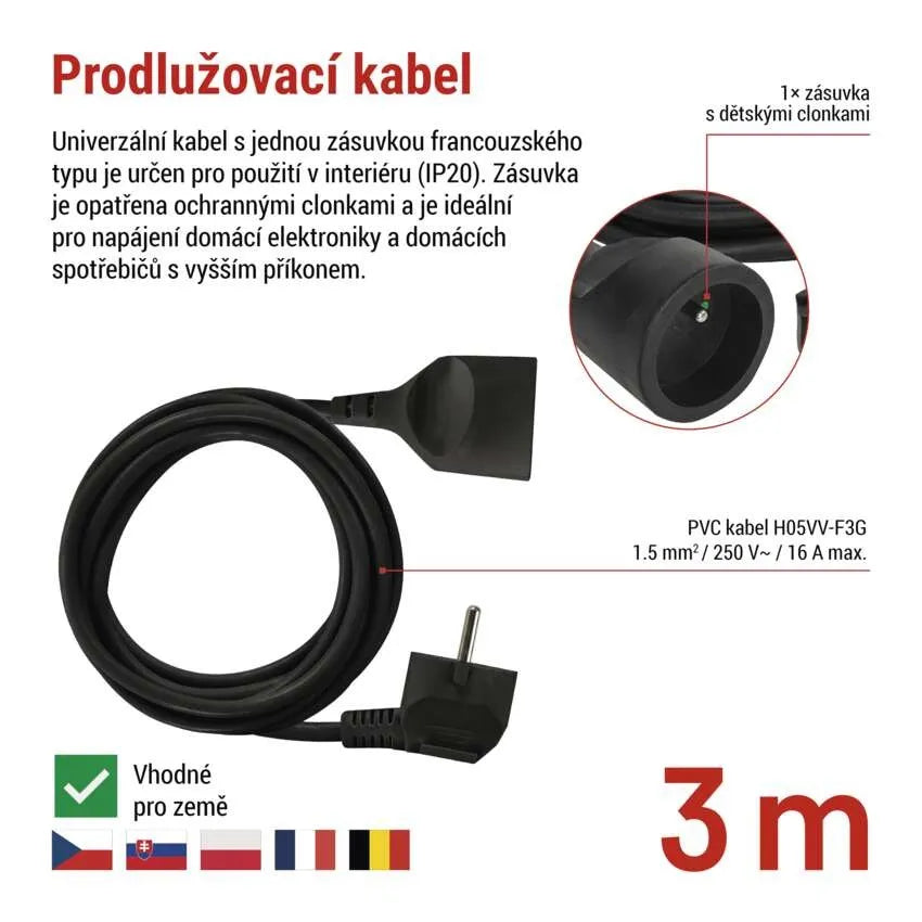 Prodlužovací kabel 1 zásuvka EMOS PC0113R 3m