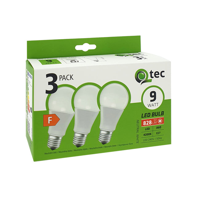 Žárovka LED E27 9W A60 bílá přírodní QTEC P1516 3ks