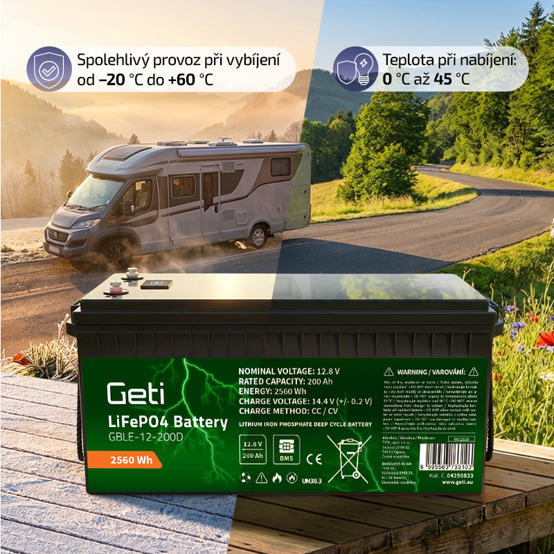 Baterie LiFePO4 12,8V 200Ah GETI GBLE-12-200D displej