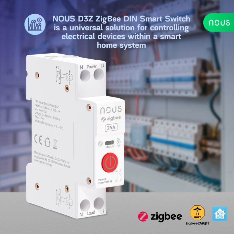 Smart spínač NOUS D3Z ZigBee Tuya DIN 25A