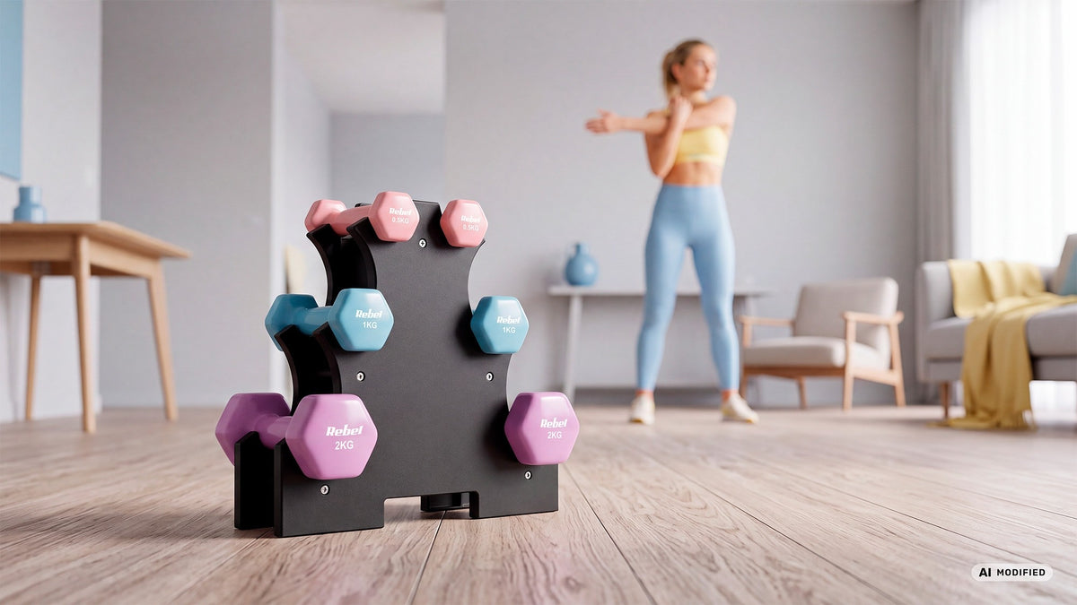 Sada činek z litiny a neoprenu HEX se stojanem REBEL RBA-2340-ST1 7 kg