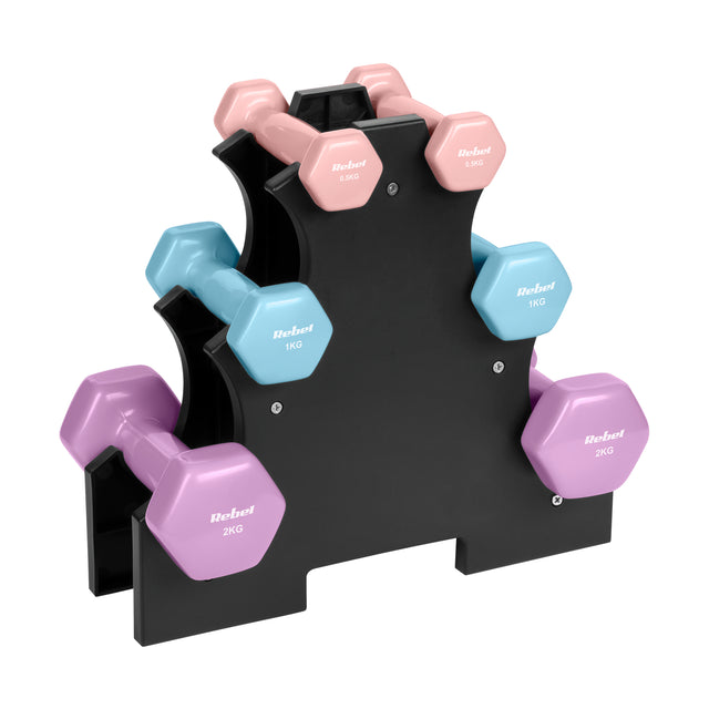 Sada činek z litiny a neoprenu HEX se stojanem REBEL RBA-2340-ST1 7 kg