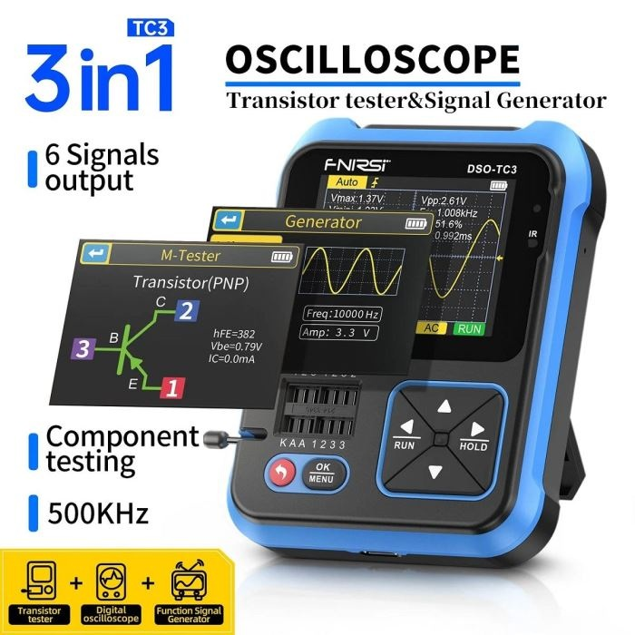Osciloskop, generátor funkcí a tester součástek FNIRSI DSO-TC3.