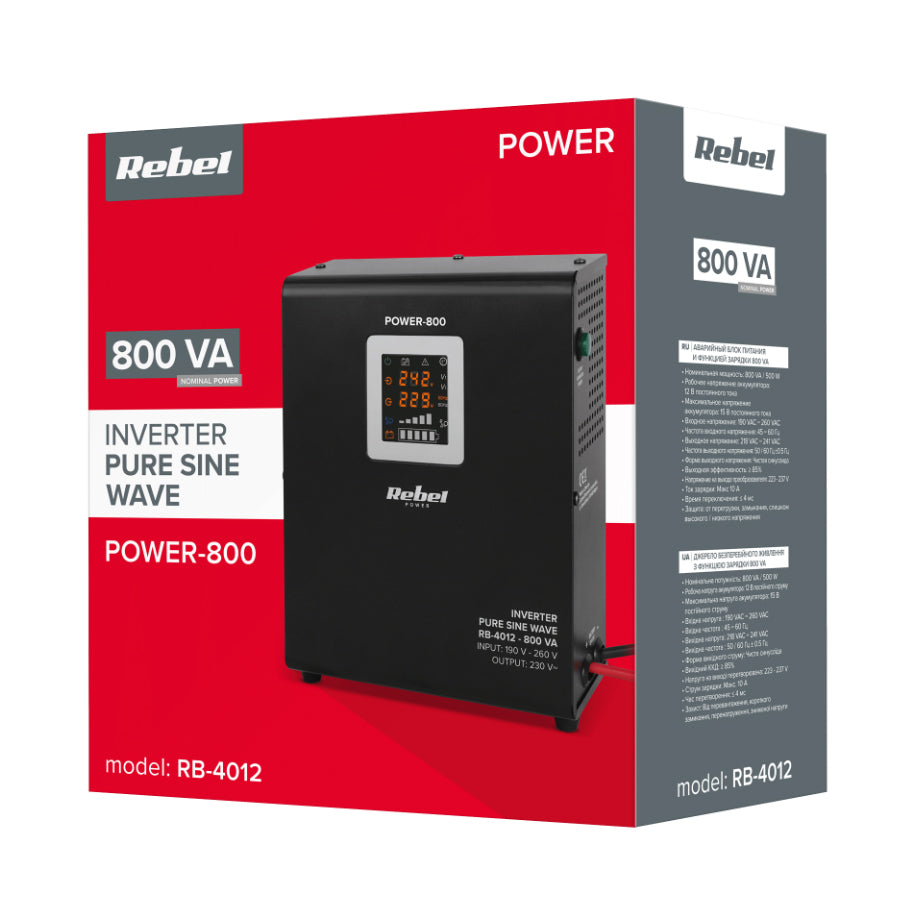 Zdroj záložní REBEL POWER-800 12V 230V 800VA 500W Black nástěnný