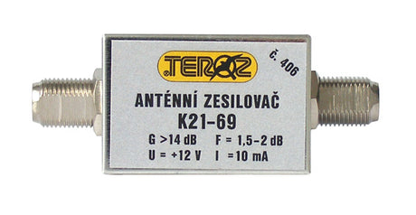 Anténní zesilovač TEROZ 406X, nízkošumový, UHF, G14dB, F1,5dB, U98dBµV, F-F