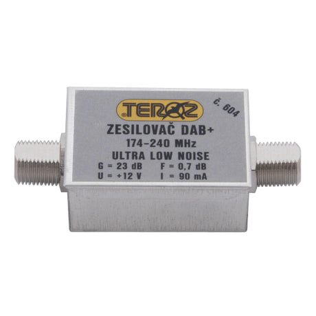 Anténní zesilovač TEROZ 604X, nízkošumový, DAB, G23dB, F0,7dB, U>120dBµV, F-F
