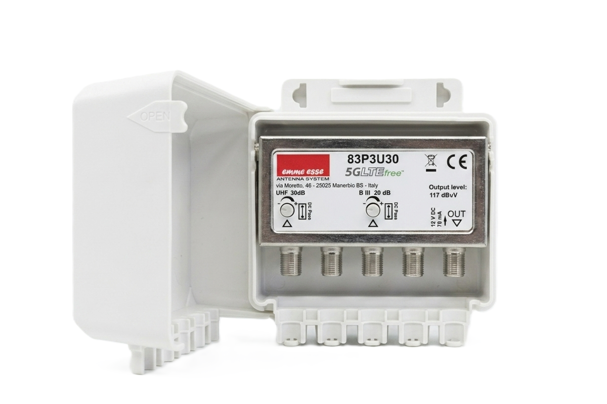 Anténní předzesilovač Emme Esse 83P3U30, na stožár, filtr 5G, 1xDAB(VHF) G20dB, 1xUHF G30dB